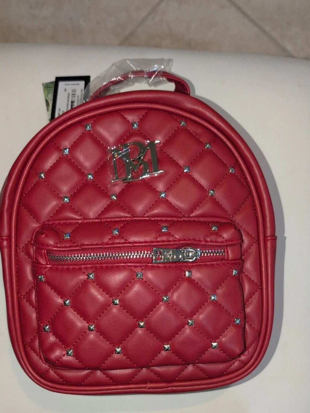 Badgley Mischka Red Quilted Mini Studded  Backpack for Women